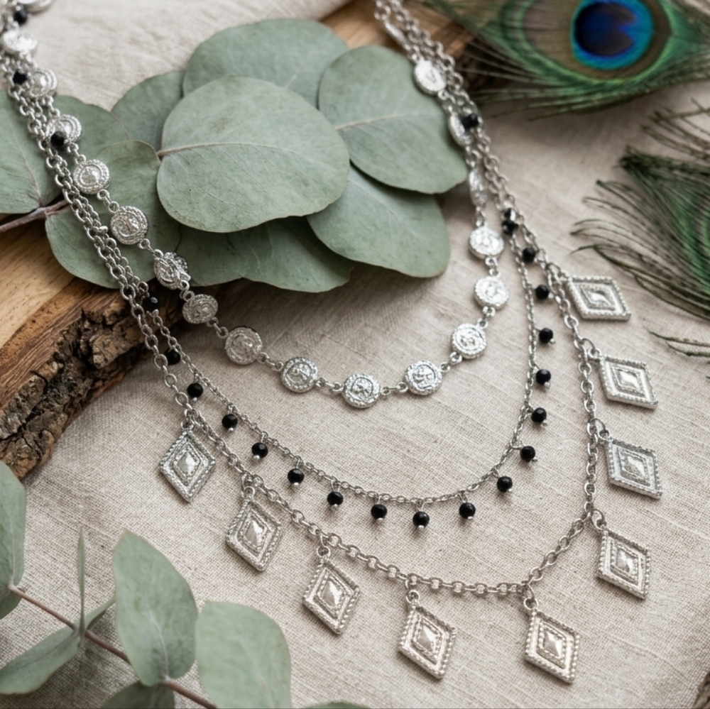 Boho Silver Layered Necklace Black Glass Bead Coin Diamond Whimsigoth 17in